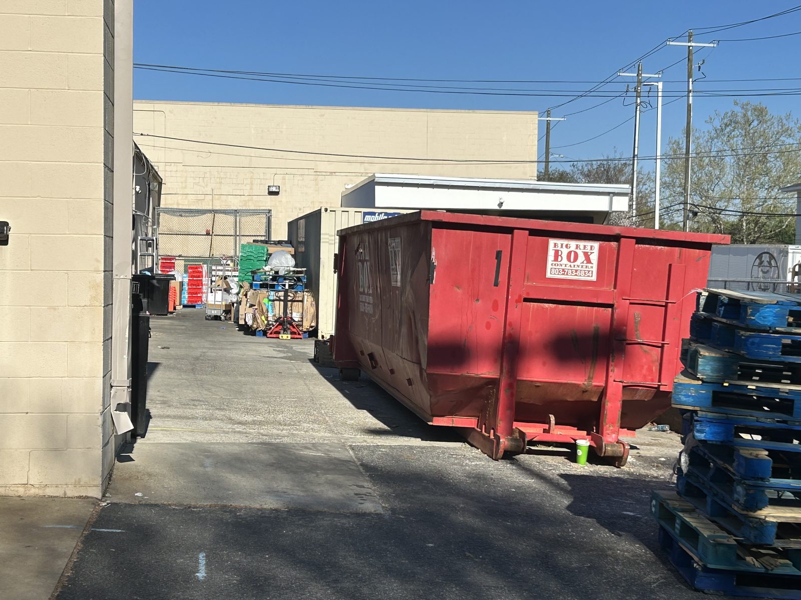 Big Red Box roll-off dumpster on a commercial job in Columbia, SC