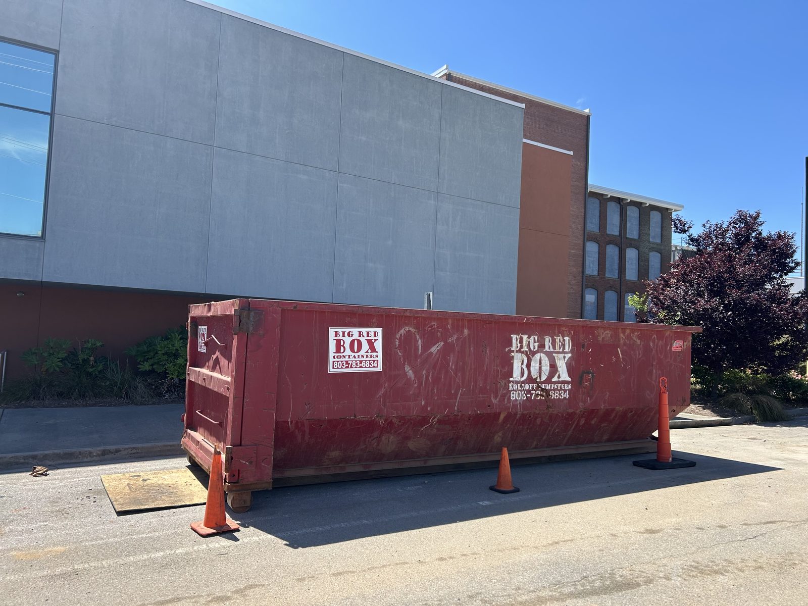Big Red Box roll-off dumpster on a commercial job in Columbia, SC